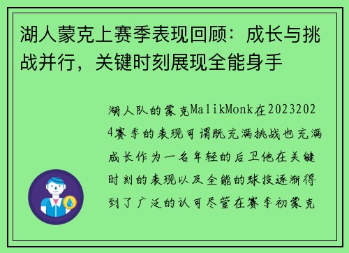 湖人蒙克上赛季表现回顾：成长与挑战并行，关键时刻展现全能身手